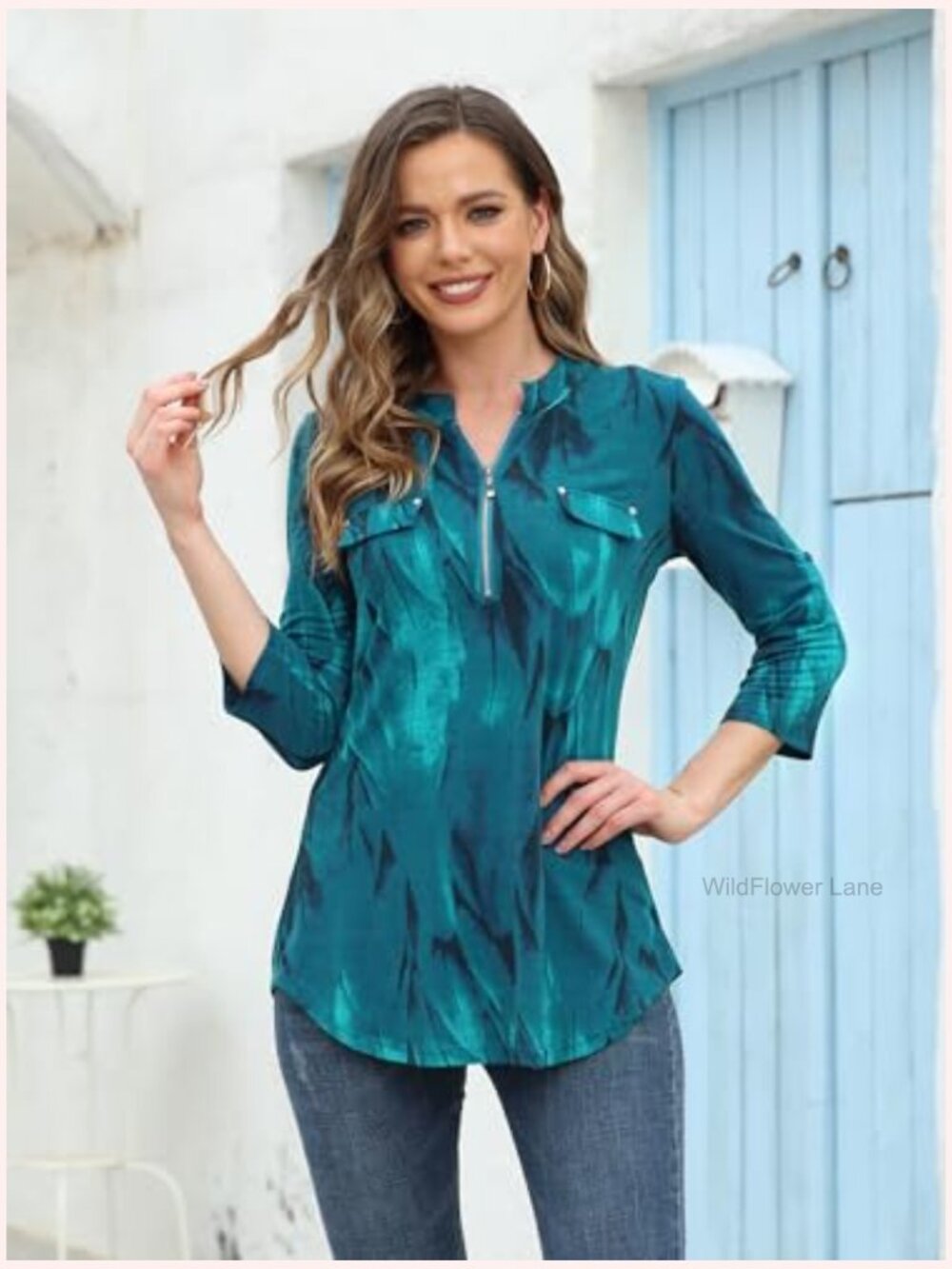 Floral 3/4 Sleeve Zip Up V Neck Work Chiffon Blouse Top Tunics - Picture 3 of 7